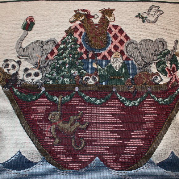 Tapestry Fabric Panel Merry Christmas From Noah & Friends 17.75" Sq Noahs Ark - Picture 2 of 12